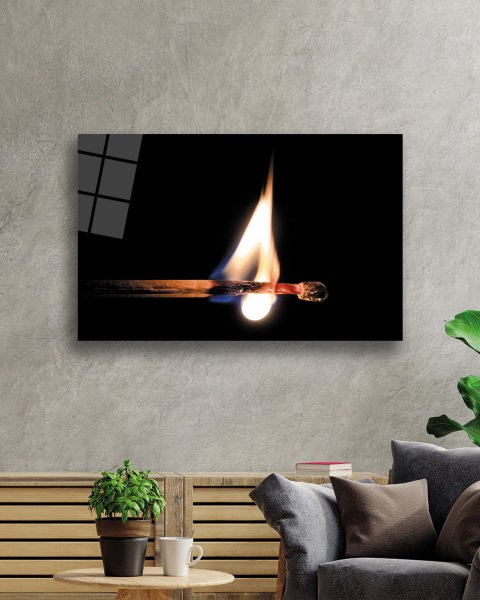 Yanan Kibrit  Alev Siyah Cam Tablo 4mm Dayanıklı Temperli Cam Fire Glass Painting