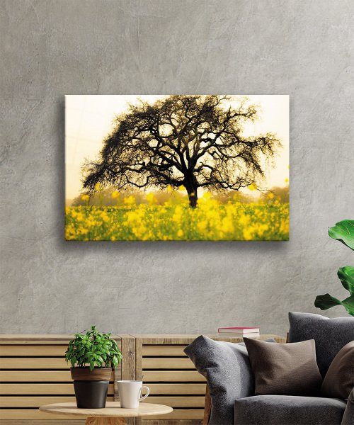 Sarı Çiçek  Ağaç Manzara Yeşil Cam Tablo  4mm Dayanıklı Temperli Cam Yellow Flower Tree Landscape Green Glass Wall Art