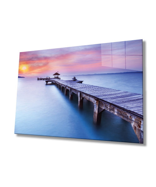 Gün Batımı Manzarası Ahşap Köprü Cam Tablo  4mm Dayanıklı Temperli Cam Sunset Landscape Wooden Bridge Glass Table 4mm Durable Tempered Glass