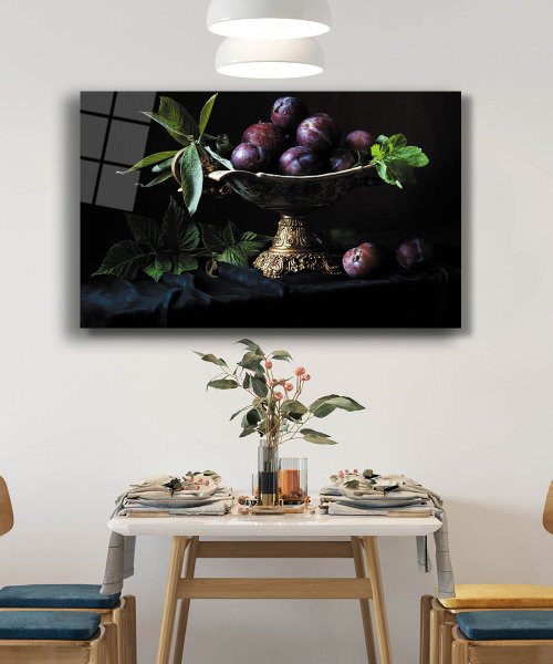 Sunum Tabağında Meyveler Natürtmort Mutfak   Cam Tablo  4mm Dayanıklı Temperli Cam Fruits on the Serving Plate Still Life Kitchen Glass Wall Art