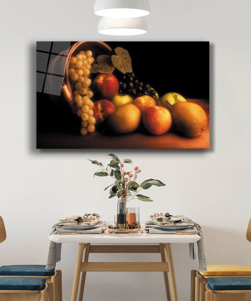 Meyveler Natürmort Mutfak Cam Tablo  4mm Dayanıklı Temperli Cam Fruits Still Life Kitchen Glass Wall Art