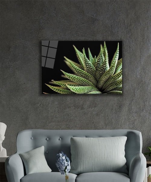 Siyah Arka Fon Aleovera Çiçek 4mm Dayanıklı Cam Tablo Temperli Cam, Black Background Aloe Vera Flower Glass Wall Art
