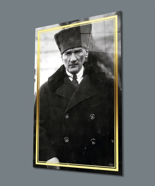 Atatürk Siyah Beyaz Cam Tablo Hediyelik Büyük Tablo Ev Ofis Dekoru