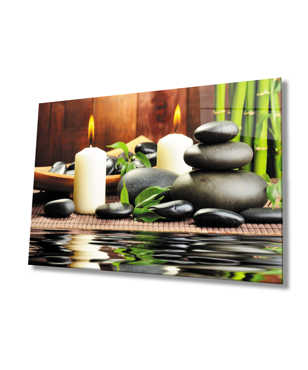 Mum Taş Spa Cam Tablo  4mm Dayanıklı Temperli Cam Candle Stone Spa Glass Wall Art