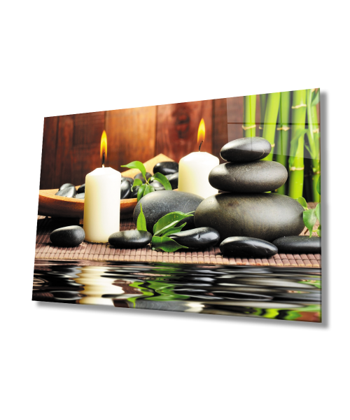 Mum Taş Spa Cam Tablo  4mm Dayanıklı Temperli Cam Candle Stone Spa Glass Wall Art