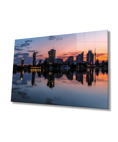 Gün Batımı Şehir Manzarası Cam Tablo  4mm Dayanıklı Temperli Cam Sunset City View Glass Wall Art