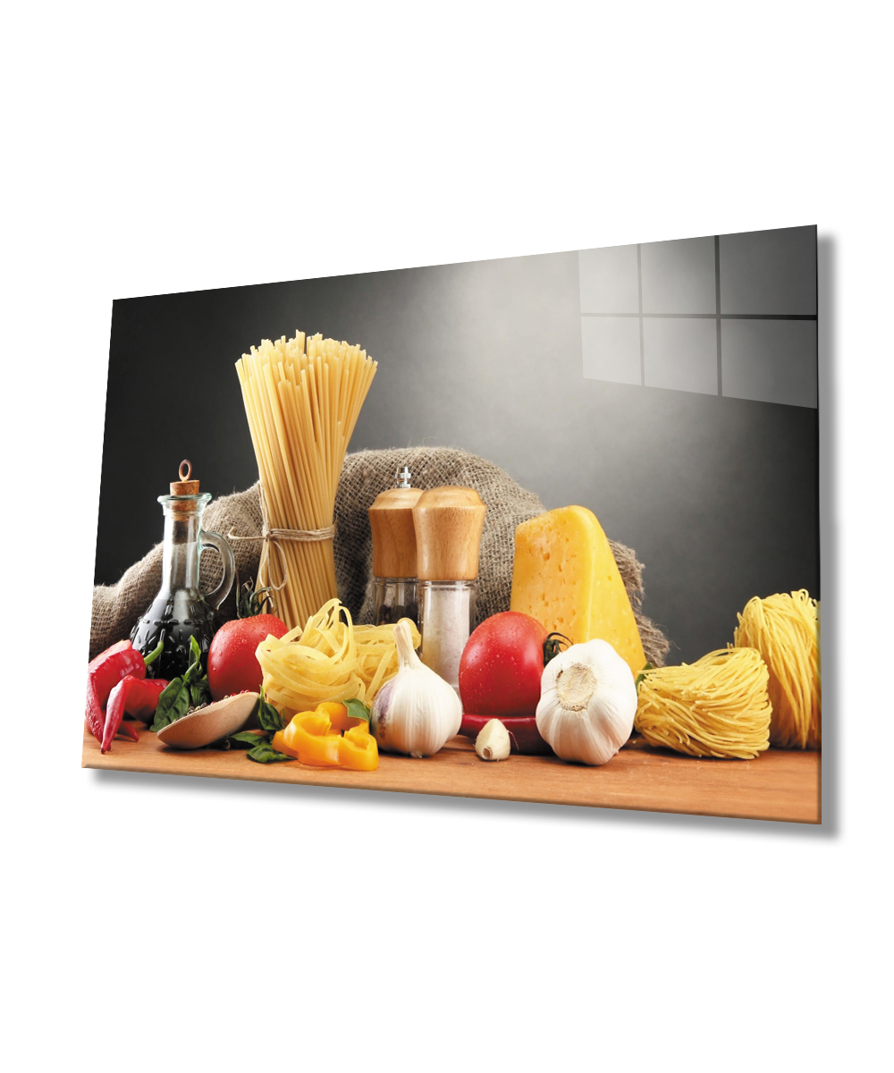 Makarna Sebze Besinler Mutfak  Cam Tablo  4mm Dayanıklı Temperli Cam Pasta Vegetables Foods Kitchen Glass Wall Art