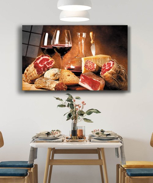 İsli Et Şarap Mutfak Natürmort Cam Tablo  4mm Dayanıklı Temperli Cam Smoked Meat Wine Kitchen Still Life Glass Wall Art