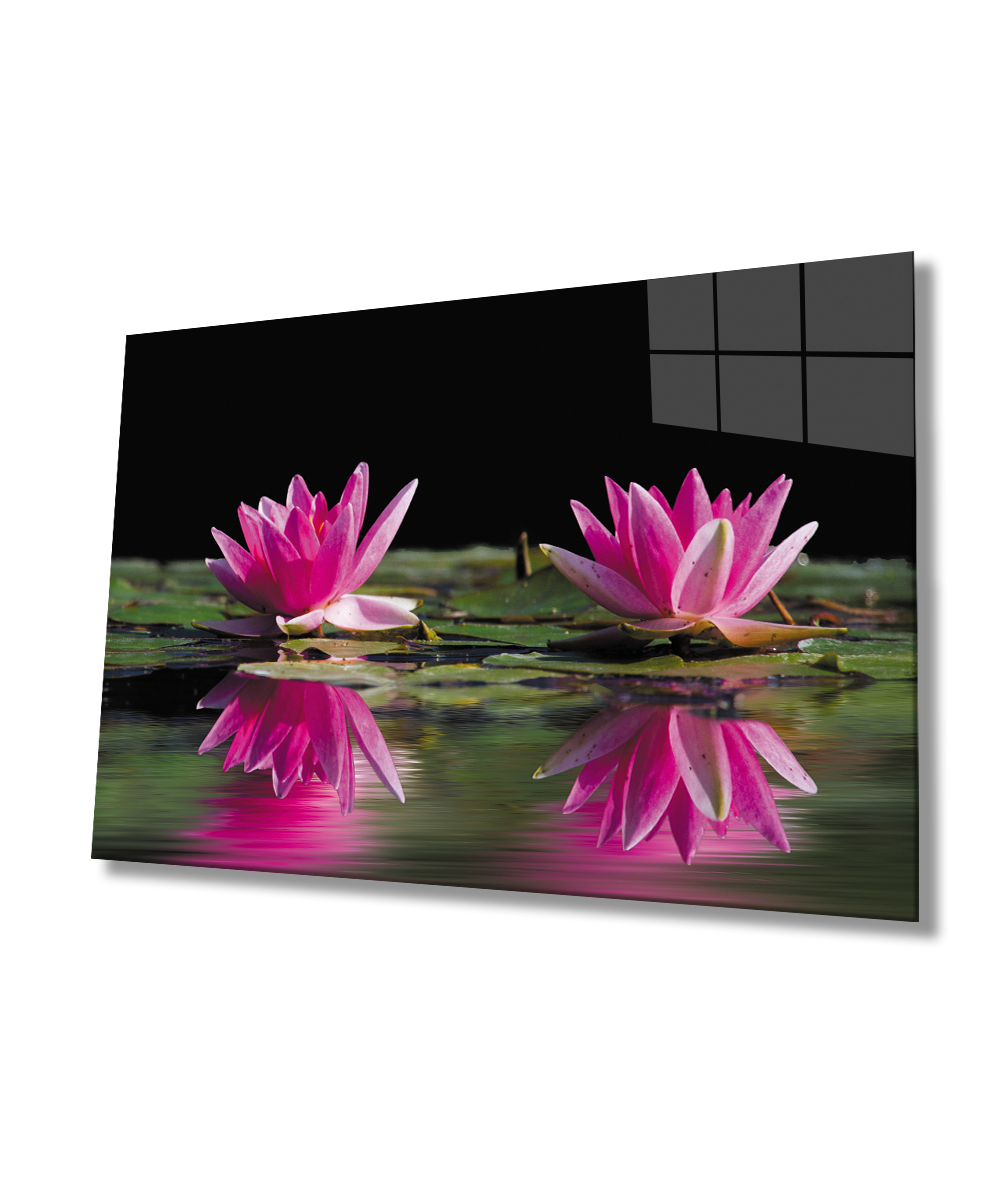 Pembe Lotus Çiçeği Cam Tablo  4mm Dayanıklı Temperli Cam Pink Lotus Flower Glass Wall Art