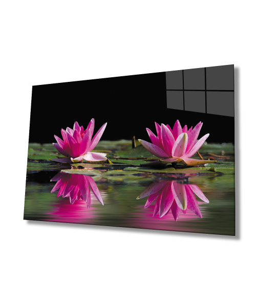 Pembe Lotus Çiçeği Cam Tablo  4mm Dayanıklı Temperli Cam Pink Lotus Flower Glass Wall Art