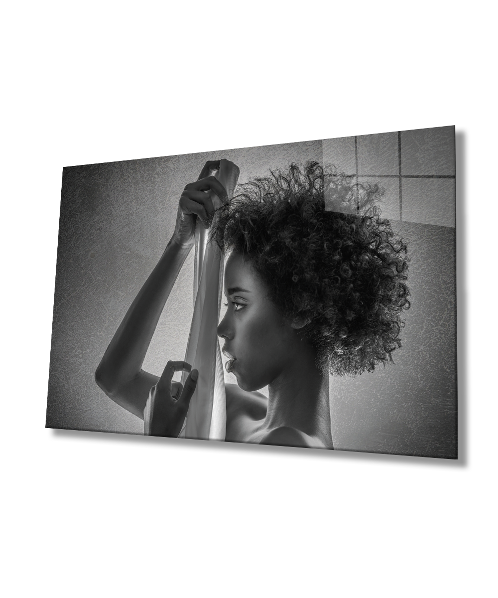 Siyah Beyaz İnsan Fotoğrafları Kadın  Cam Tablo  4mm Dayanıklı Temperli Cam Black and White People Photos Woman Glass Wall Art