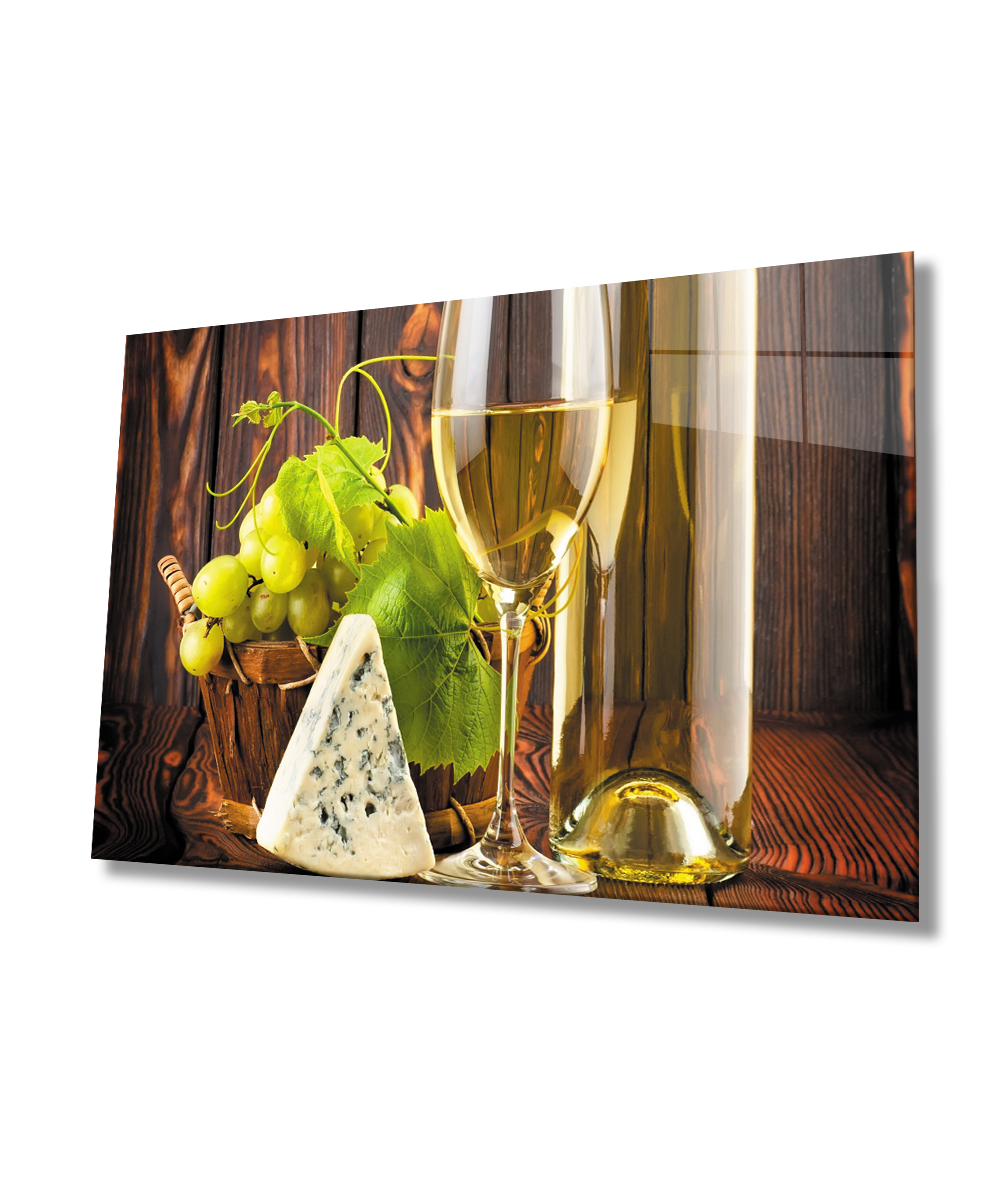 Şarap Peynir Natürmort Mutfak Cam Tablo  4mm Dayanıklı Temperli Cam Wine Cheese Still Life Kitchen Glass Wall Art