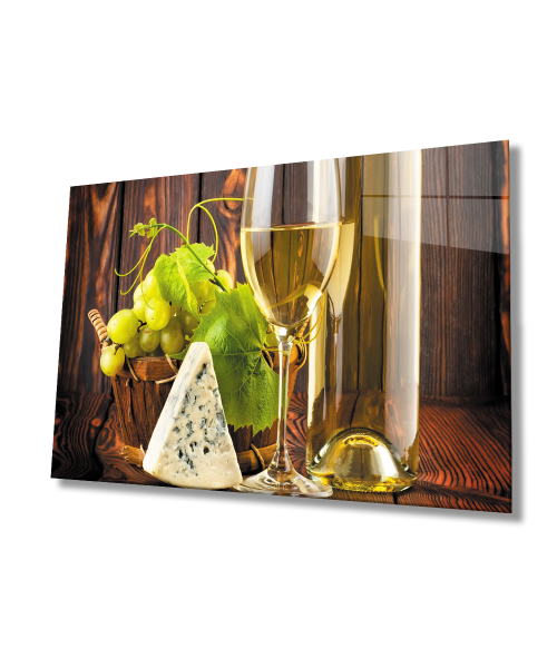 Şarap Peynir Natürmort Mutfak Cam Tablo  4mm Dayanıklı Temperli Cam Wine Cheese Still Life Kitchen Glass Wall Art