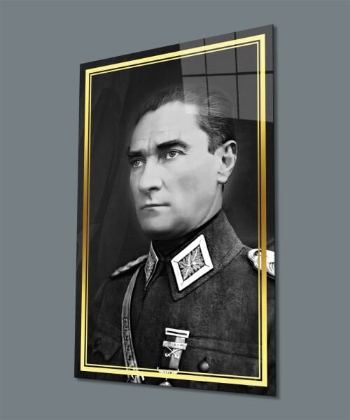 Atatürk Portre Üniformalı Siyah Beyaz Cam Tablo Hediyelik Büyük Tablo Ev Ofis Dekoru