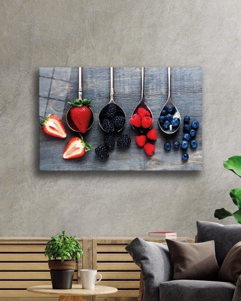 Kaşıklarda Meyveler Cam Tablo  4mm Dayanıklı Temperli Cam, Fruits on Spoon Glass Wall Decor