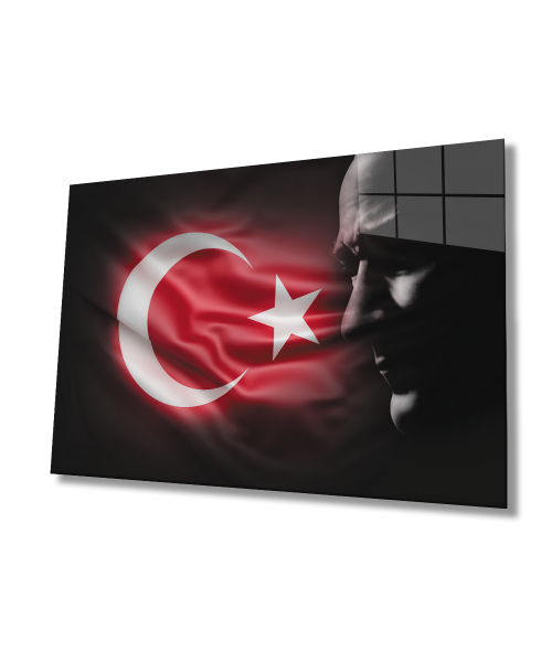 Atatürk Bayrak  Atatürk Silüetli Gölgesiz Siyah Fonlu Cam Tablo  4mm Dayanıklı Temperli Cam Atatürk Flag Atatürk Silhouette Shadowless Black Background Glass Wall Art