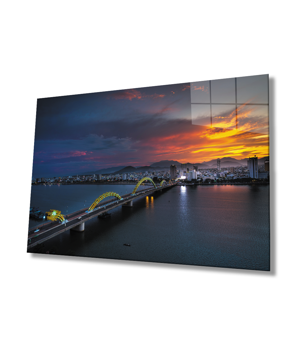 Gün Batımı Şehir Köprü Manzara Cam Tablo  4mm Dayanıklı Temperli Cam Sunset City Bridge Landscape Glass Wall Art