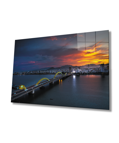 Gün Batımı Şehir Köprü Manzara Cam Tablo  4mm Dayanıklı Temperli Cam Sunset City Bridge Landscape Glass Wall Art