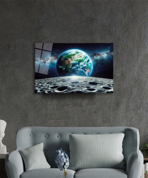 Ay'ın Yüzeyinden Dünya'nın Doğuşu Cam Tablo Yapay Zeka Hediyelik Büyük Tablo Ev Ofis Dekoru