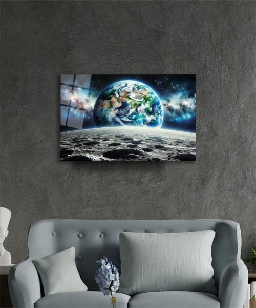 Ay'ın Yüzeyinden Dünya'nın Doğuşu Cam Tablo Yapay Zeka Hediyelik Büyük Tablo Ev Ofis Dekoru