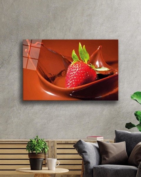 Çikolatalı ve Çilek Cam Tablo  4mm Dayanıklı Temperli Cam, Choclate and Strawberry Glass Wall Hanging
