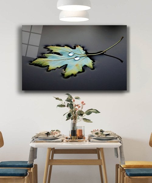 Yaprak Damla Doğa Cam Tablo  4mm Dayanıklı Temperli Cam  Leaf Drop Nature Glass Wall Art