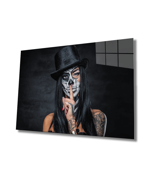 Kadın Kafatası Yüzü Cam Tablo  4mm Dayanıklı Temperli Cam Female Skull Face Glass Wall Art