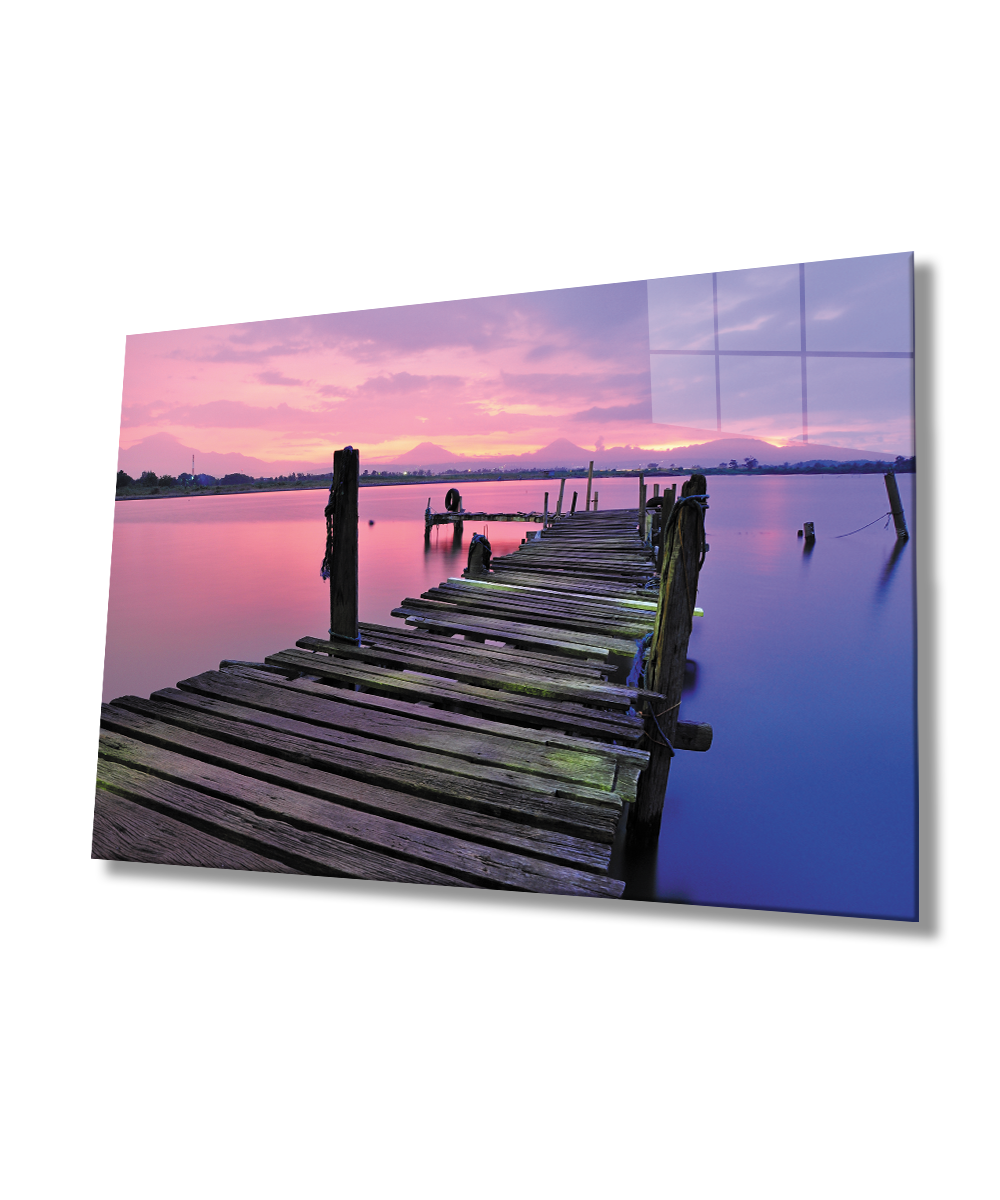Gün Batımı İskele Cam Tablo  4mm Dayanıklı Temperli Cam Sunset Pier Glass Wall Art