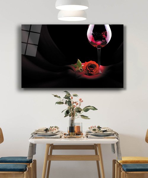 Kadeh ve Gül Cam Tablo  4mm Dayanıklı Temperli Cam Chalice and Rose Glass Wall Art