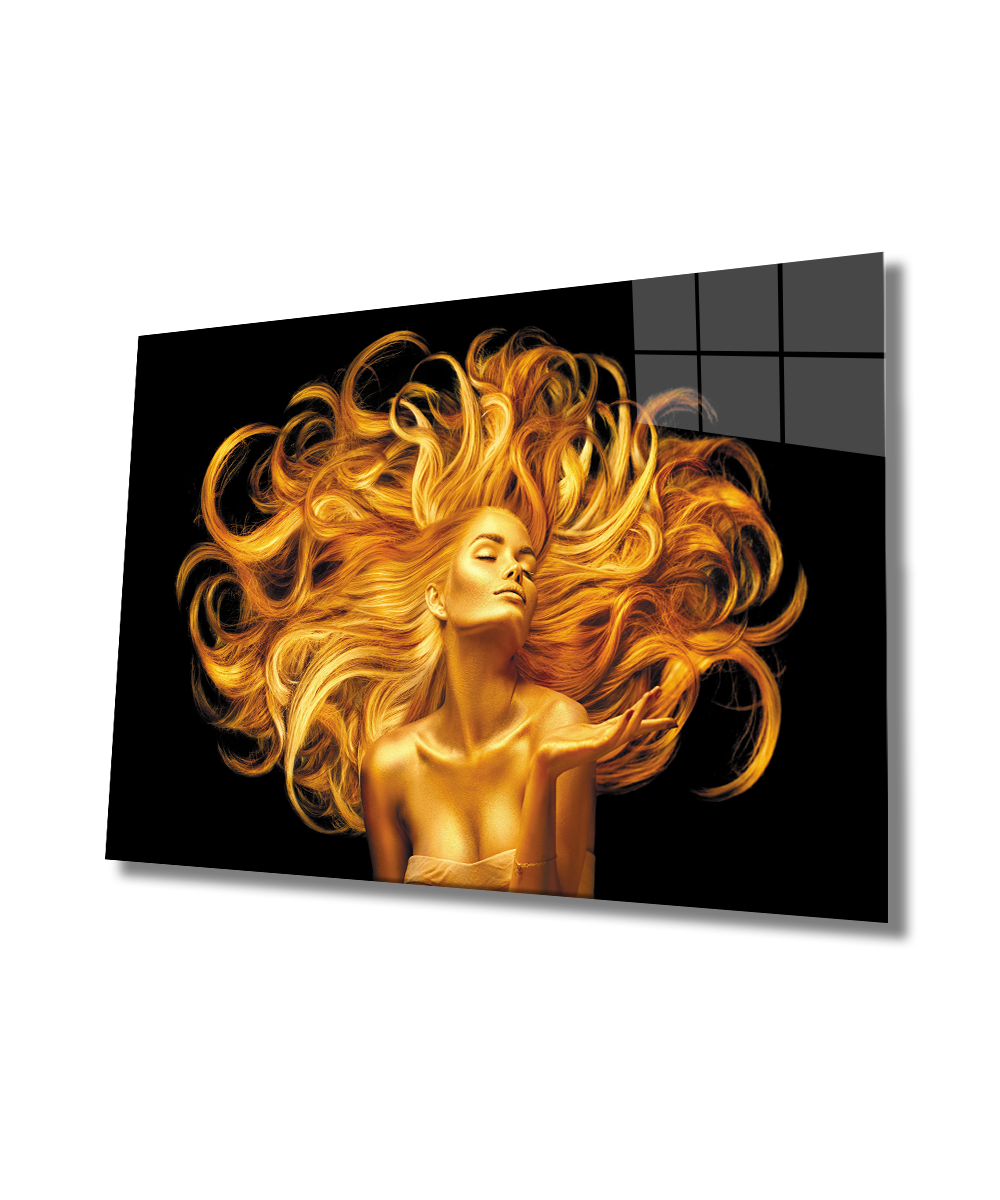Altın Kadın Cam Tablo  4mm Dayanıklı Temperli Cam, Golden Woman Glass Wall Art