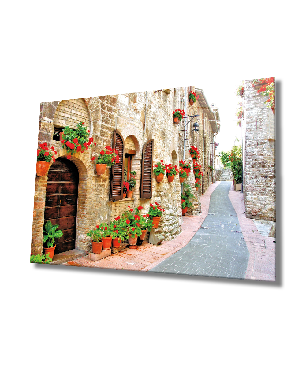 Çiçekli Sokak Cam Tablo  4mm Dayanıklı Temperli Cam, Flower Streets Glass Wall Decor