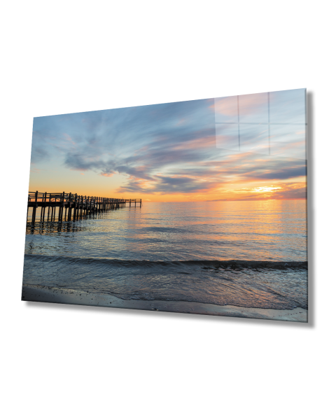 Gün Batımı Deniz İskele Cam Tablo  4mm Dayanıklı Temperli Cam Sunset Sea Pier Glass Table 4mm Durable Tempered Glass