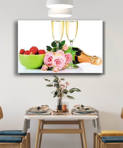 Şampanya Kadeh Çilek Gül   Cam Tablo  4mm Dayanıklı Temperli Cam Champagne Glass Strawberry Rose Glass Wall Art