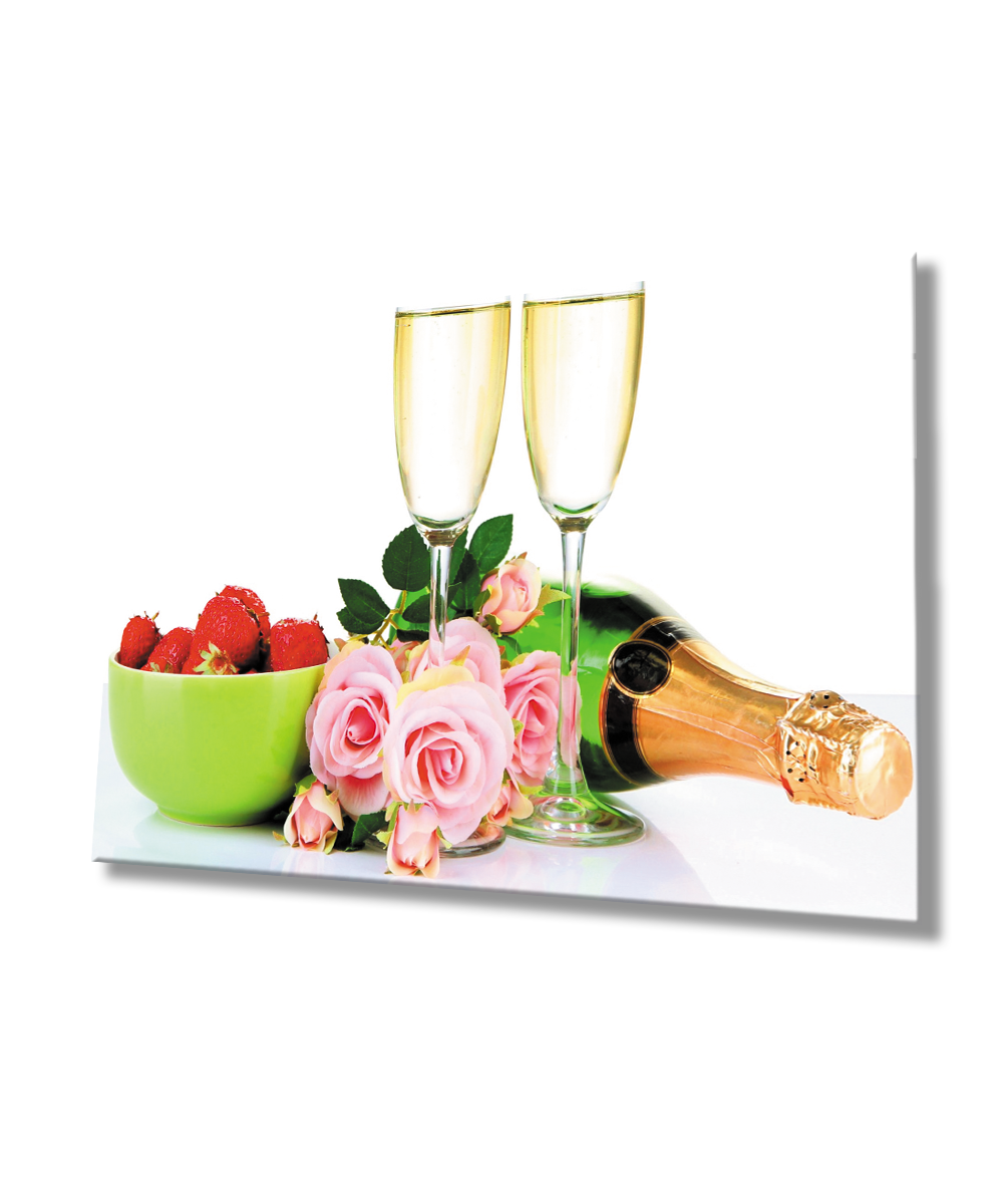 Şampanya Kadeh Çilek Gül   Cam Tablo  4mm Dayanıklı Temperli Cam Champagne Glass Strawberry Rose Glass Wall Art