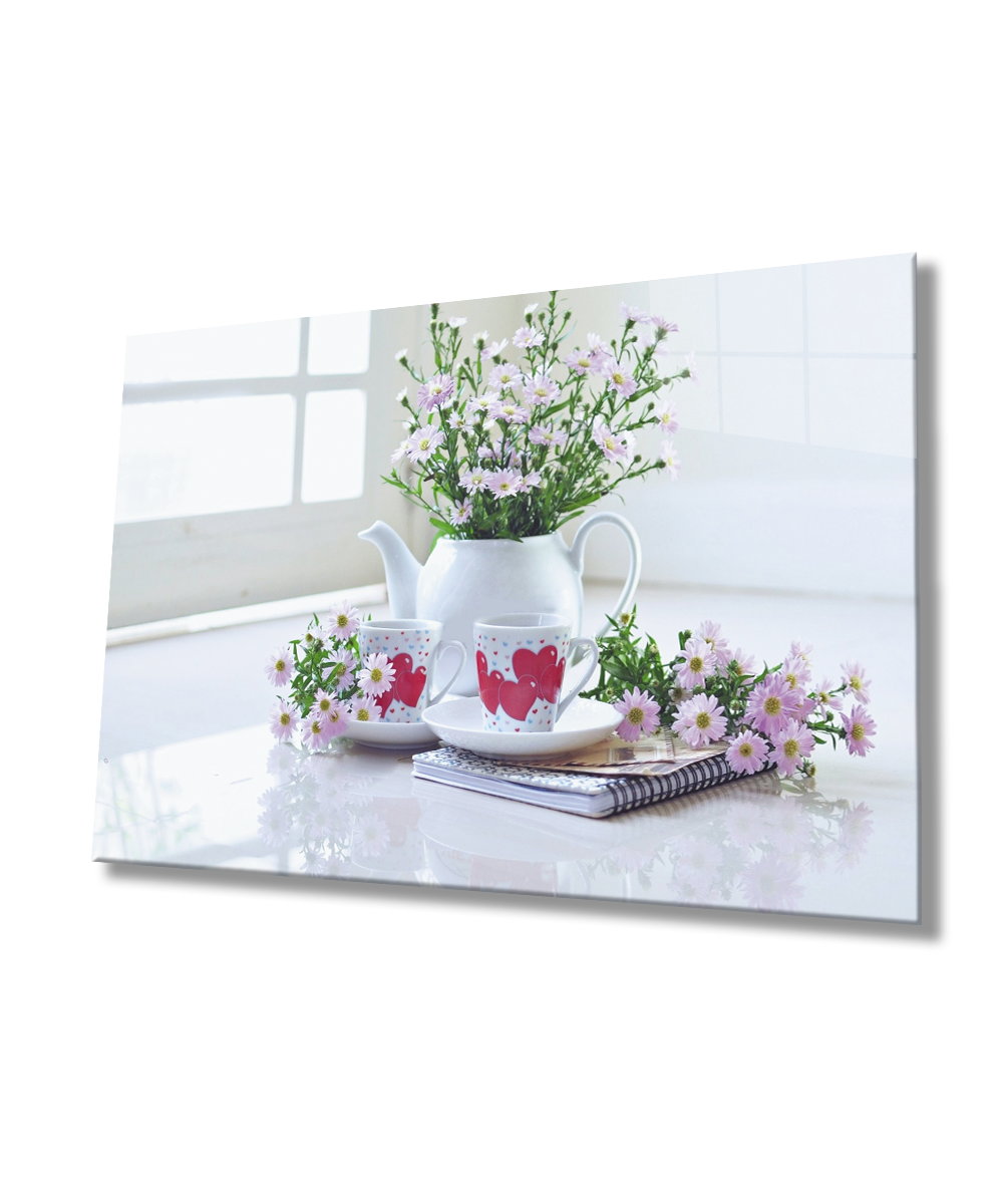 Çiçekler Kalpli Fincanlar Mutfak Cam Tablo  4mm Dayanıklı Temperli Cam Flowers Heart Cups Kitchen Glass Wall Art
