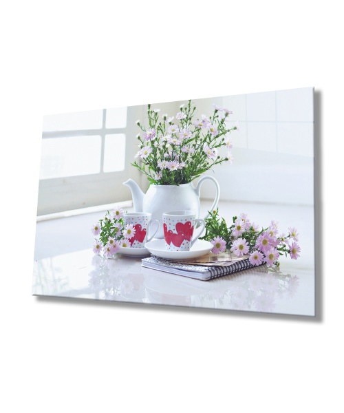 Çiçekler Kalpli Fincanlar Mutfak Cam Tablo  4mm Dayanıklı Temperli Cam Flowers Heart Cups Kitchen Glass Wall Art