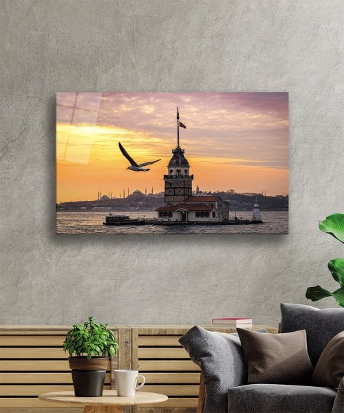 Gün Batımı Kız Kulesi Cam Tablo  4mm Dayanıklı Temperli Cam Sunset Maiden's Tower Glass Wall Art