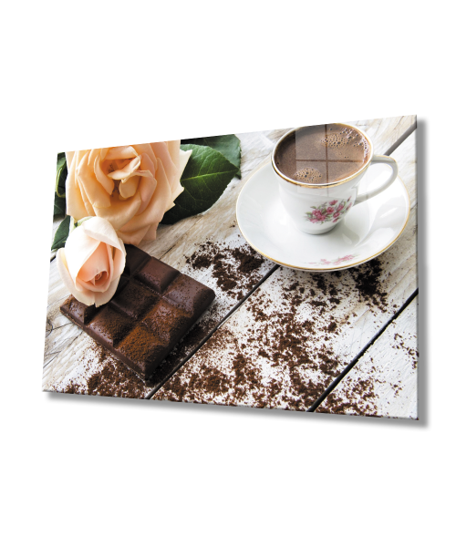 Kahve Çikolata Gül Mutfak Cam Tablo  4mm Dayanıklı Temperli Cam Coffee Chocolate Rose Kitchen Glass Wall Art