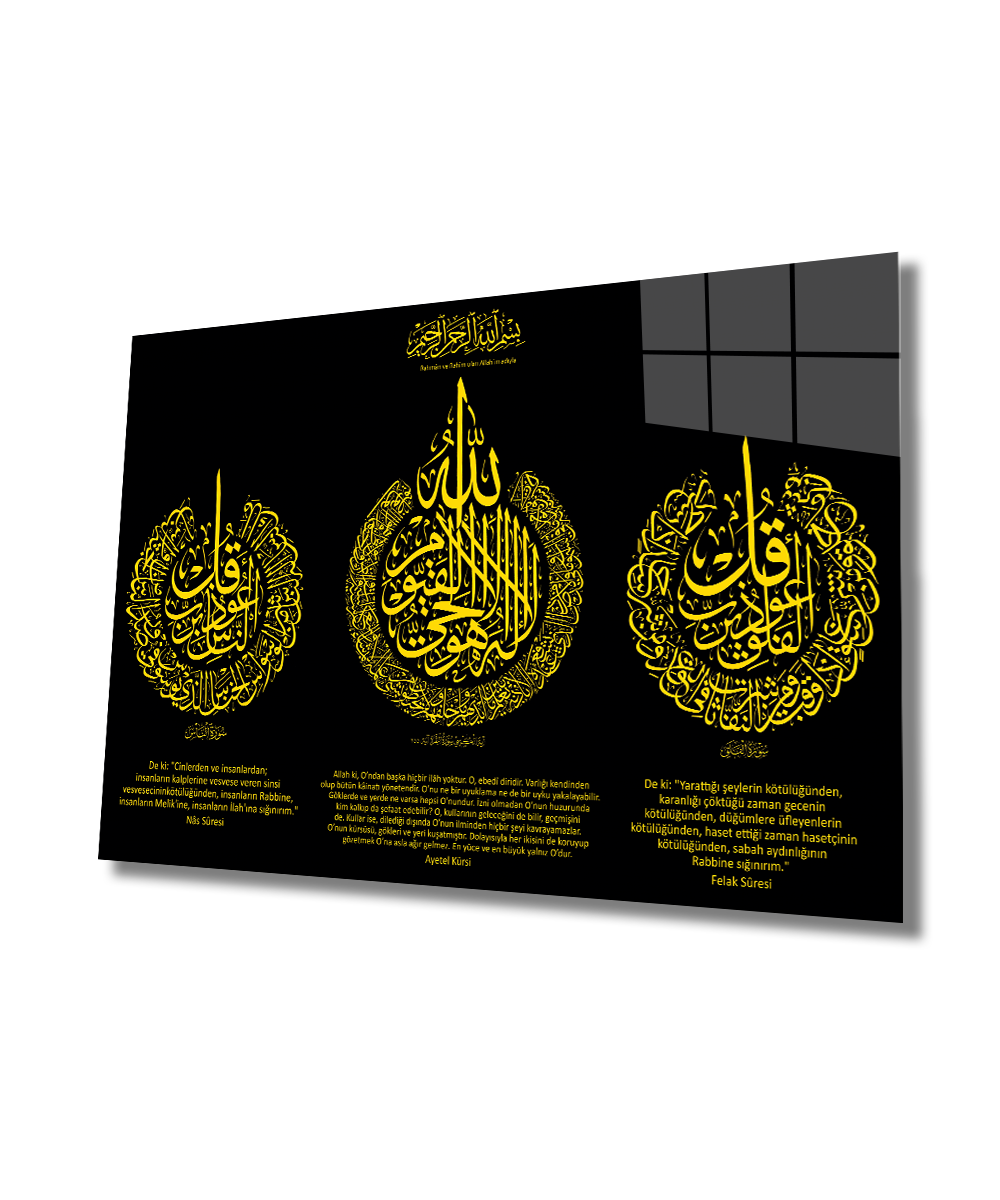 Felak Suresi, Nas Suresi ve Ayetel Kürsi 4mm Dayanıklı Cam Tablo Temperli Cam, Islamic Glass Wall Decor