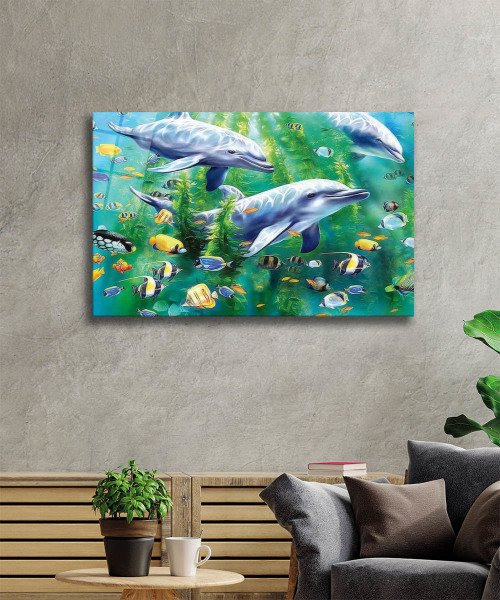 Yunus Balığı Cam Tablo 4mm Dayanıklı Temperli Cam, Dolphin Glass Wall Art