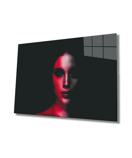 Kırmızı Siyah Kadın Yüzü Cam Tablo  4mm Dayanıklı Temperli Cam, Red Black Woman Face Glass Wall Art