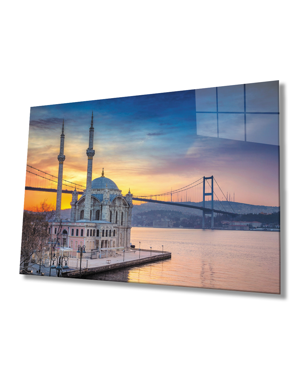 İstanbul Günbatımı Köprü Camii Cam Tablo 4mm Dayanıklı Temperli Cam