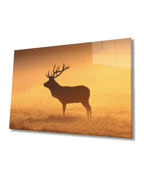 Gün Batımı Manzarasında Geyik Cam Tablo  4mm Dayanıklı Temperli Cam Deer Glass Table in Sunset Landscape 4mm Durable Tempered Glass