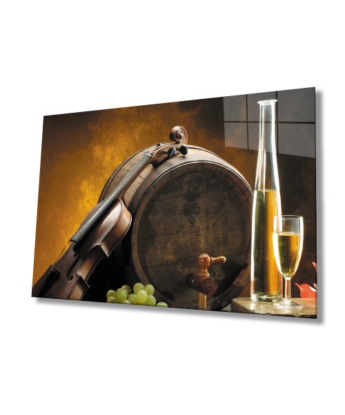 Keman Şampanya Fıçı Cam Tablo  4mm Dayanıklı Temperli Cam Violin Champagne Barrel Glass Wall Art
