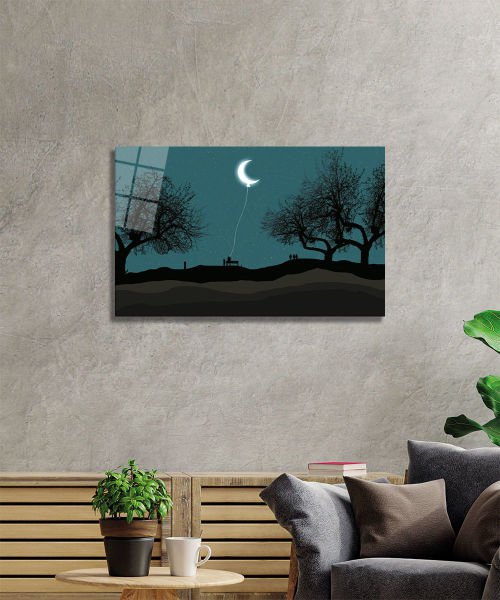 Ay Balon Silüet Manzara 4mm Dayanıklı Cam Tablo Temperli Cam,Moon Balloon Silhouette Landscape Glass Wall Art