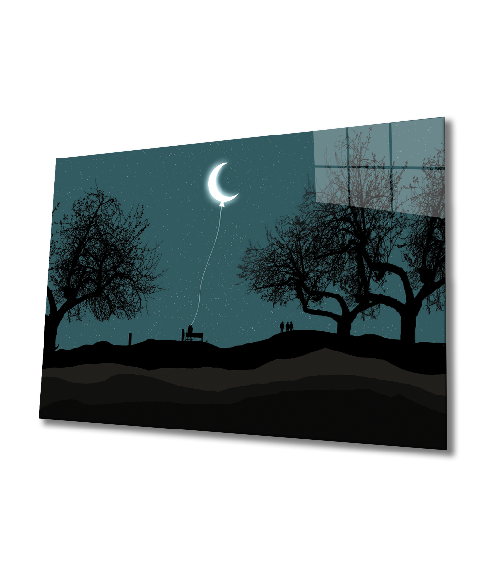 Ay Balon Silüet Manzara 4mm Dayanıklı Cam Tablo Temperli Cam,Moon Balloon Silhouette Landscape Glass Wall Art