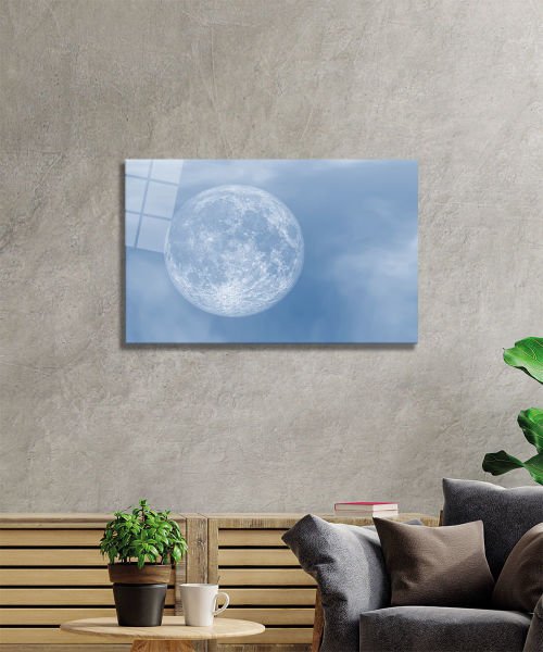 Mavi Gökyüzü ve Yakın Çekim Ay 4mm Dayanıklı Cam Tablo Temperli Cam,Blue Sky and Close-up Moon Glass Wall Art