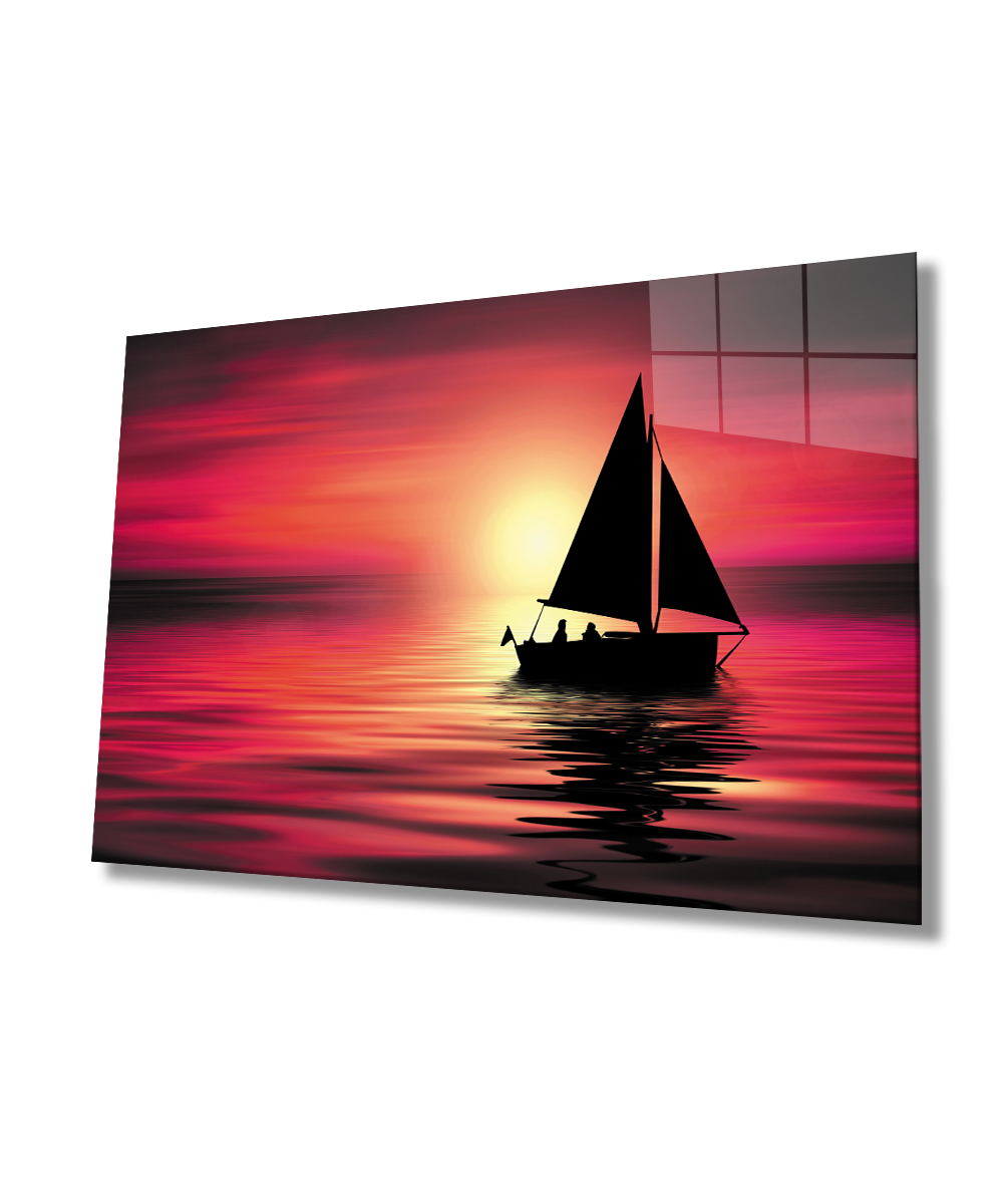 Denizde Gün Batımı Cam Tablo  4mm Dayanıklı Temperli Cam Sunset at Sea Glass Wall Art