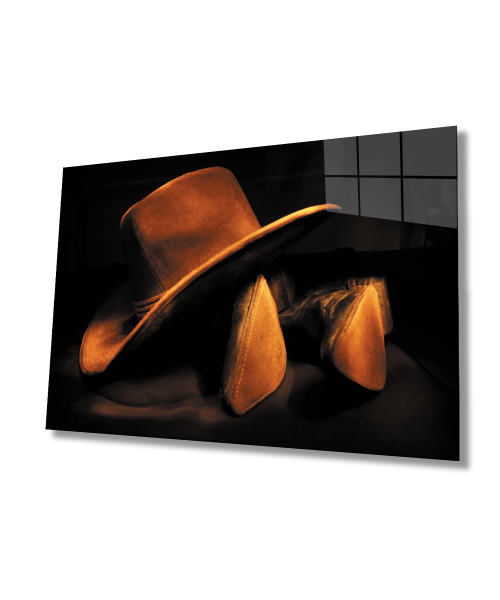 Kovboy Şapkası Kovboy  Ayakkabısı Cam Tablo  4mm Dayanıklı Temperli Cam Cowboy Hat Cowboy Shoes Glass Wall Art