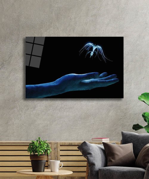 Mavi El Cam Tablo  4mm Dayanıklı Temperli Cam, Blue Hand Glass Wall Art